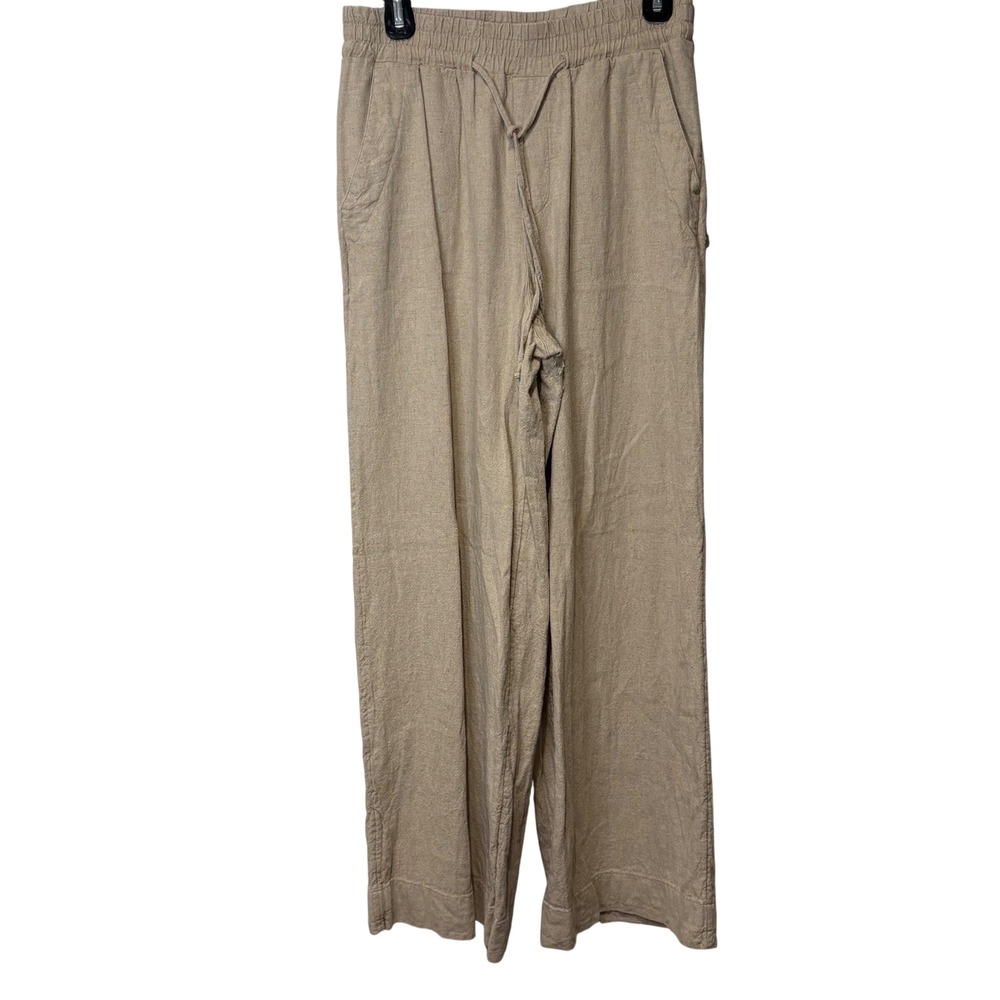 Womens Wide‎ Leg Linen Blend Pants S Beige Drawstring High Rise Summer Nautical